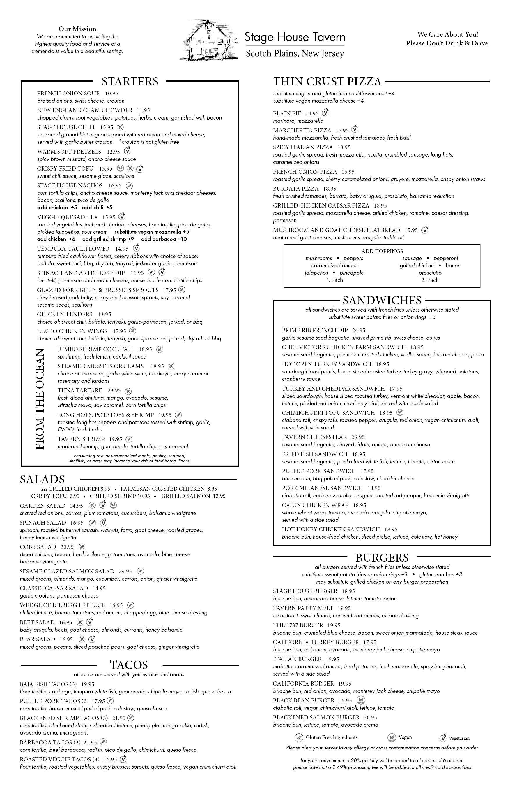 Menu for Stage House Tavern in Scotch Plains